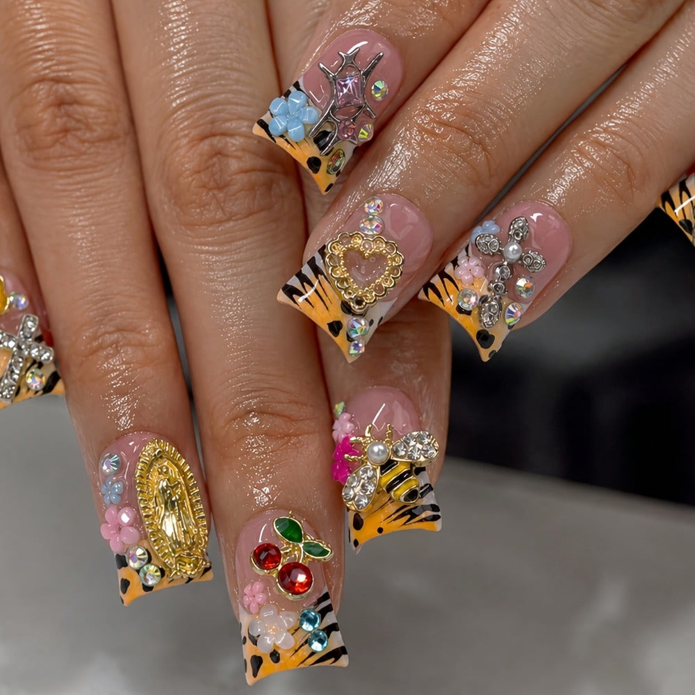 Press On Nails 10-Piece Short Duck-Tip Acrylic Set with Cherry, Bee, Flower, Cross and Star Designs