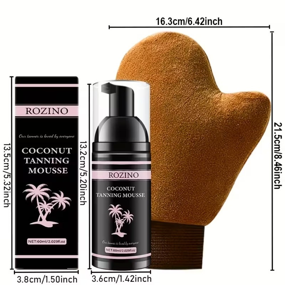 Coconut Self-Tanning Mousse Set with 60ml Pump Bottle and Applicator Glove for Body Application