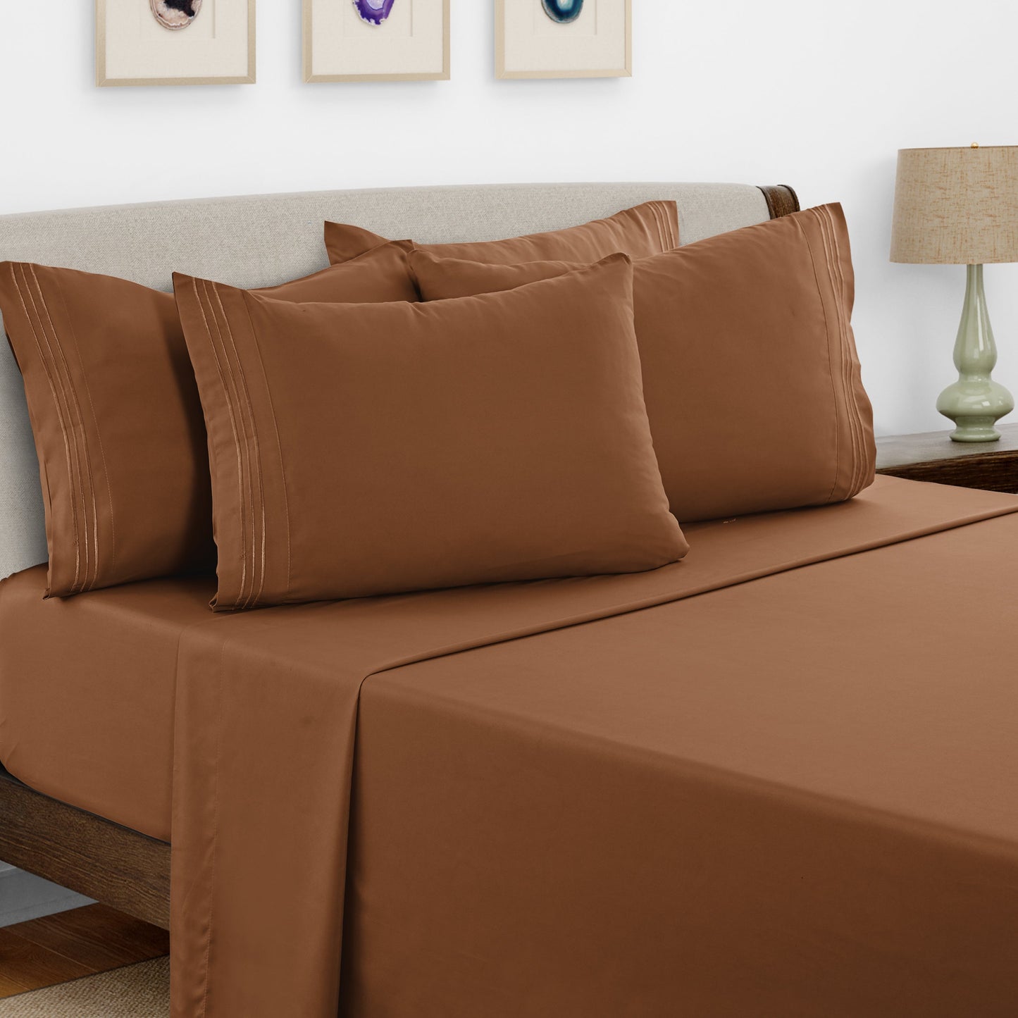 Bed Sheet Set Brushed Microfiber with Embroidered Pillowcases, 16-Inch Pocket and 4- or 6-Piece Sizing