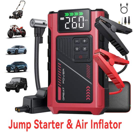 Portable Jump Starter 9-in-1 with Air Compressor – 12V Car Battery Booster for 8.0L Gas & 6.5L Diesel, USB-C, LED Emergency Light, Digital Display