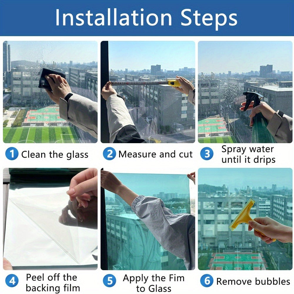 One Way Privacy Window Film Static Cling No Glue - Heat Control Anti-Glare Sun Blocking Reflective Mirror Tint for Home Office Hotel, Nano Ceramic 5Mil PVC, Easy Install Removable Window Privacy Film