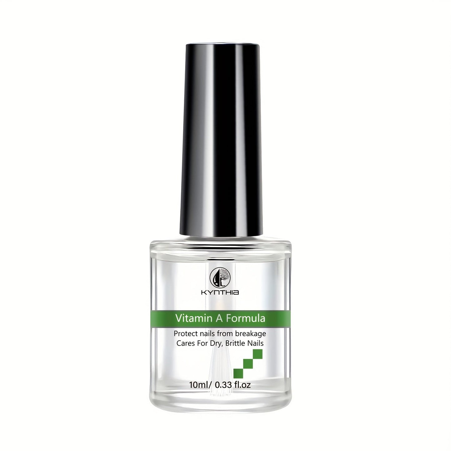 Clear 10 ml Nail Care Bottle with Black Cap, Green Vitamin A Label and Attached Brush Applicator
