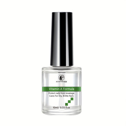 Clear 10 ml Nail Care Bottle with Black Cap, Green Vitamin A Label and Attached Brush Applicator