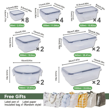 Food Storage Containers 48-Piece Multi-Shape Set with 24 Boxes, 24 Lids and Eight Documented Sizes