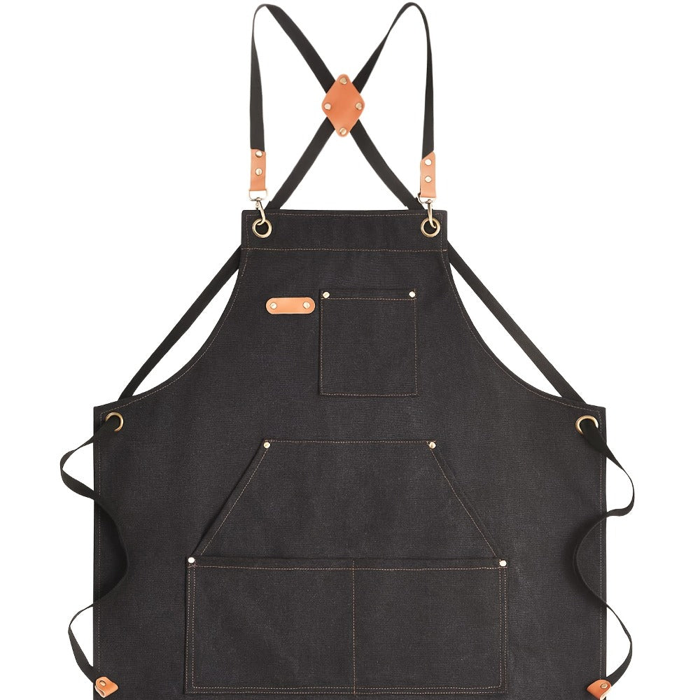 Black Crossback Canvas Work Apron, 27 x 32 Inch Bib with Three Utility Pockets and Long Straps for Kitchen or Workshop
