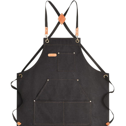 Black Crossback Canvas Work Apron, 27 x 32 Inch Bib with Three Utility Pockets and Long Straps for Kitchen or Workshop