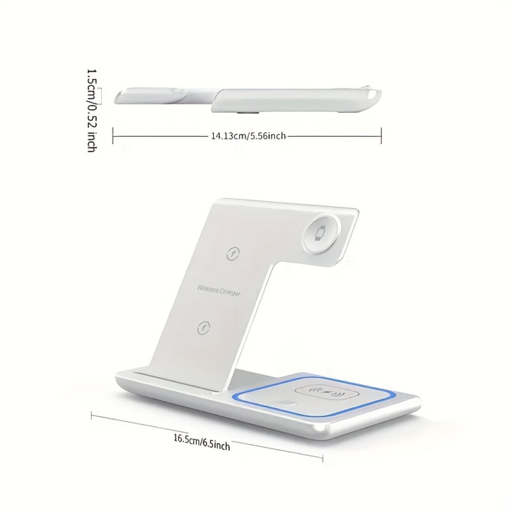 3-in-1 Wireless Charging Station with QC3.0 Adapter Included 15W Fast Charge – Upright Stand for iPhone 17/16/15/14/13/12/11, Apple Watch Ultra/Series 9/8/SE & AirPods | Black & White