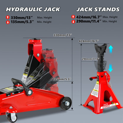 Hydraulic Floor Jack Kit 2/2.5/3 Ton Low Profile Trolley Jack with Jack Stands, Tire Repair Kit, Wheel Wrench & Wheel Chock Combo - Red/Blue
