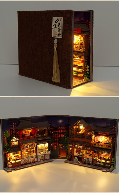 Chinese Food Street Book Nook Kit with LED-Lit Miniature Shops, Sliding Dust Cover and Wooden Shelf Insert