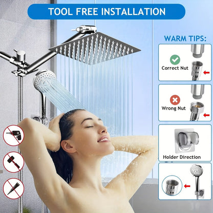Rainfall and Handheld Shower Combo with 8-Inch Square Head, 11-Inch Extension Arm and Chrome Finish