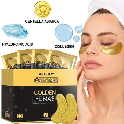 30-Pair ALIEORY Gold-Tone Under-Eye Patch Box with Individual Pouches and Collagen and Hyaluronic Acid Wording