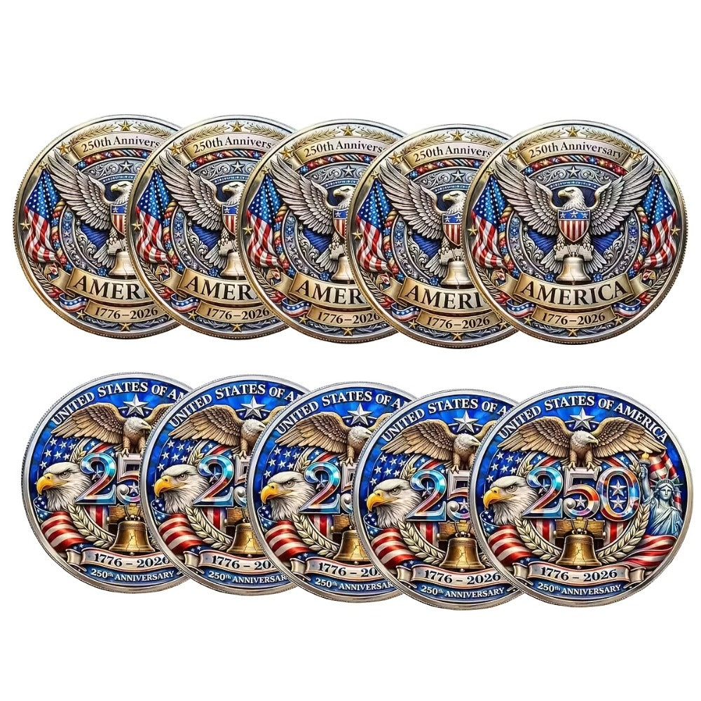 US 250th Anniversary Commemorative Coins 1776-2026 Set of 10 – America 250 Collectible Coins with Dual Historical Patterns, Patriotic Gift for History Fans & Collectors