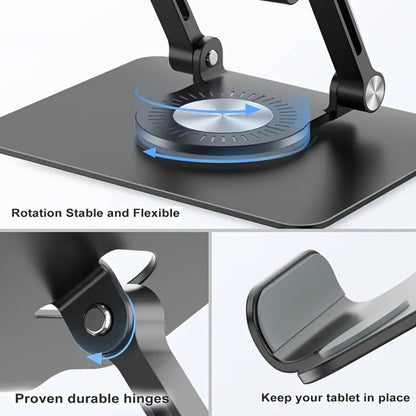 360 Rotating Tablet Stand for iPad, Foldable Adjustable Iron Flat Stand for Desk Home Office, Compatible with iPad Pro Air Mini and Most Tablets, Silver and Black