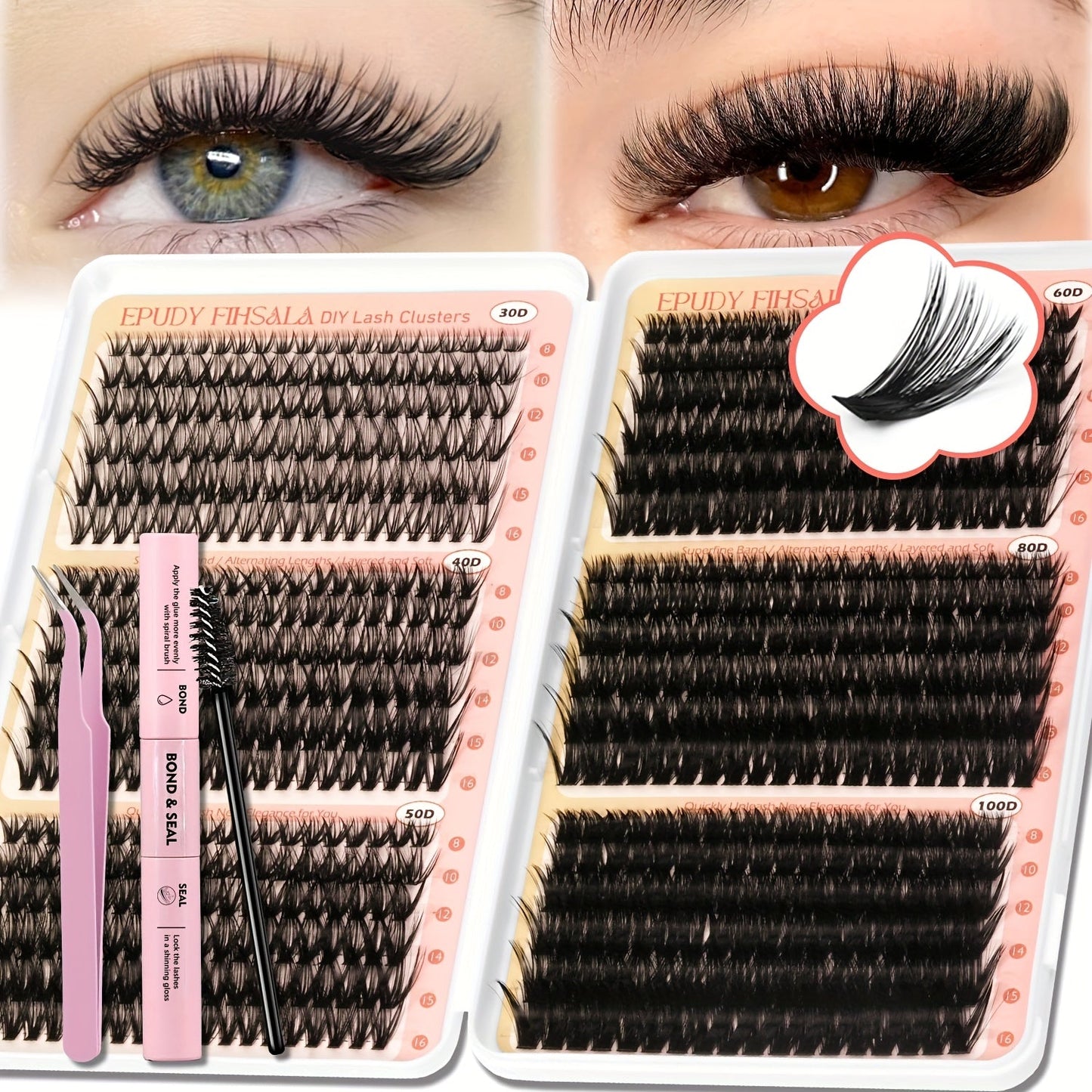 Lash Extension Kit with 708 Clusters in 8-16mm Mixed Lengths and 30D-100D Densities, Glue, Tweezers and Brush