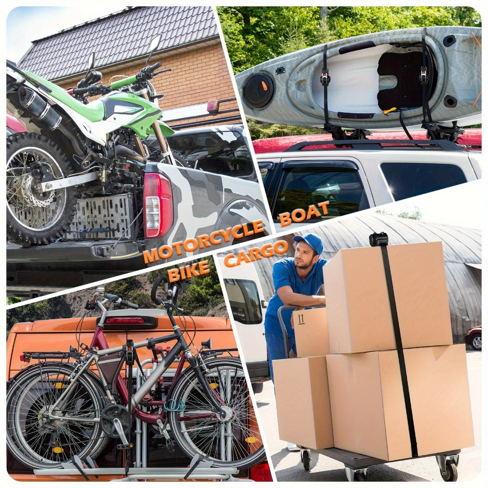 Ratchet Tie-Down Straps with Auto-Retract & Speed Control – Heavy-Duty Cargo Securing Kit with Hooks & Storage Bag | Motorcycle Transport, Towing & Truck Bed Load Securing