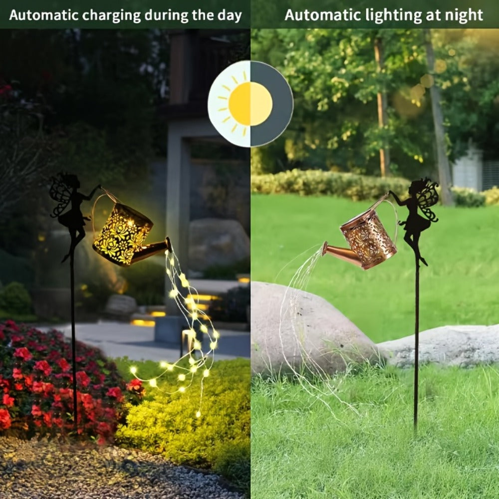 Solar Garden Light Watering Can Stake with 36 LED Waterfall Strands, IP65 Rating and Two Light Options