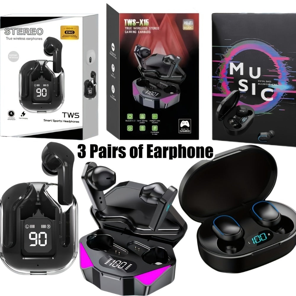 Three-Pair Assorted TWS Wireless Earbuds Bundle with Mixed Charging Cases in Set A or Model B