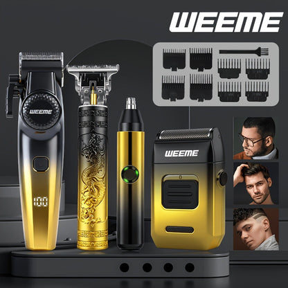 4-Piece Grooming Kit for Men USB Rechargeable Electric Shaver Beard Trimmer Nose Hair Trimmer Hair Clipper System with 8 Guide Combs Gradient Golden Gift for Dad Boyfriend Husband Holiday Travel