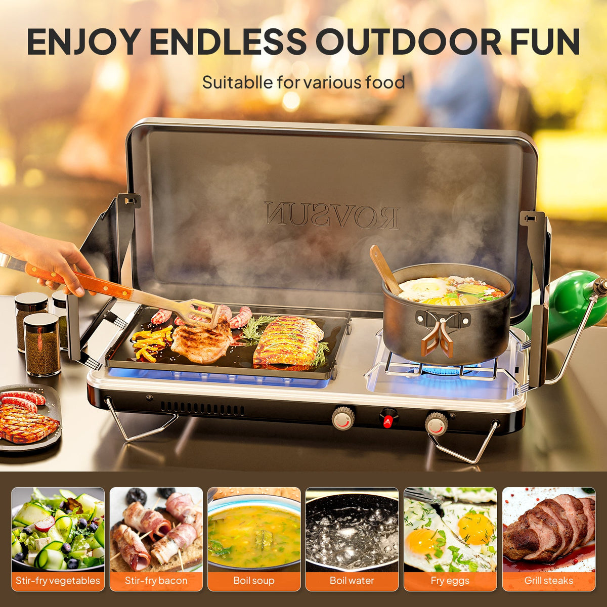 Portable Propane Griddle and Burner Camping Stove with Four Color Labels and 23.23-Inch Closed Width