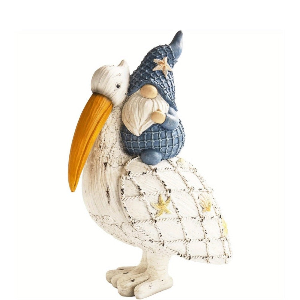 Pelican Gnome Figurine 11.5" – Resin Coastal Beach Decor with Starfish & Seashell, Tabletop Statue for Home, Garden & Poolside – Summer Gift & Nautical Decor