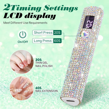 Rhinestone Handheld UV/LED Nail Lamp with 365nm/405nm Markings, 20s/60s Timers and USB Charging