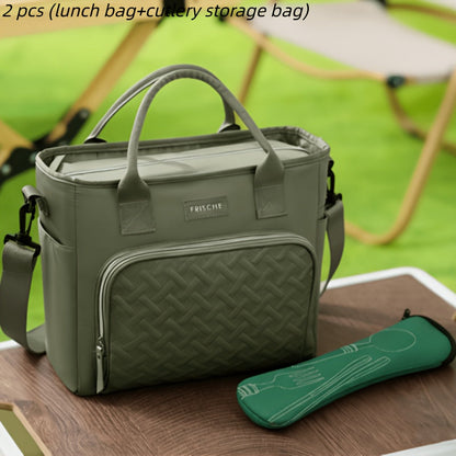 11L Quilted Lunch Bag Tote with Front Zipper Pocket, Side Tissue Pocket, Strap and Four Colors
