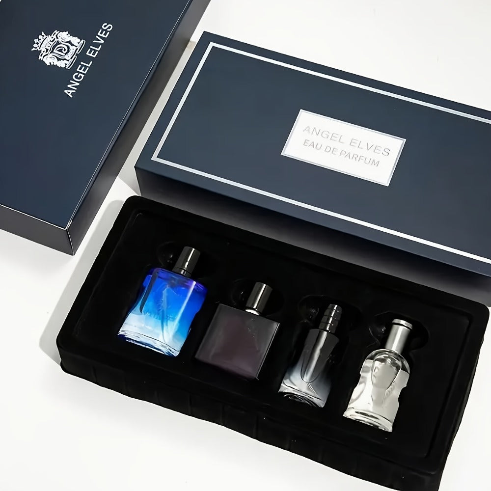 Four-Piece Boxed Fragrance Spray Set with Blue, Clear and Purple Gradient Bottle Presentation