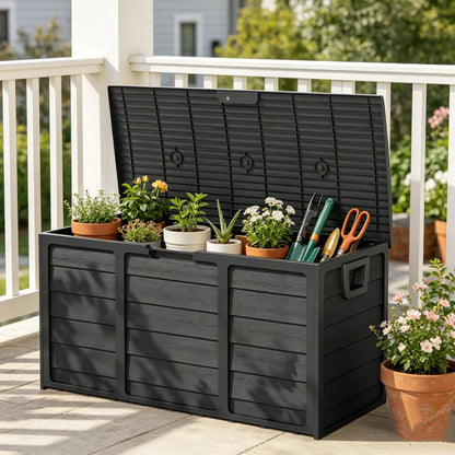 75-Gallon Pure Black Outdoor Storage Box with 44-Inch Pictured Width, Hinged Lid and Side Handles