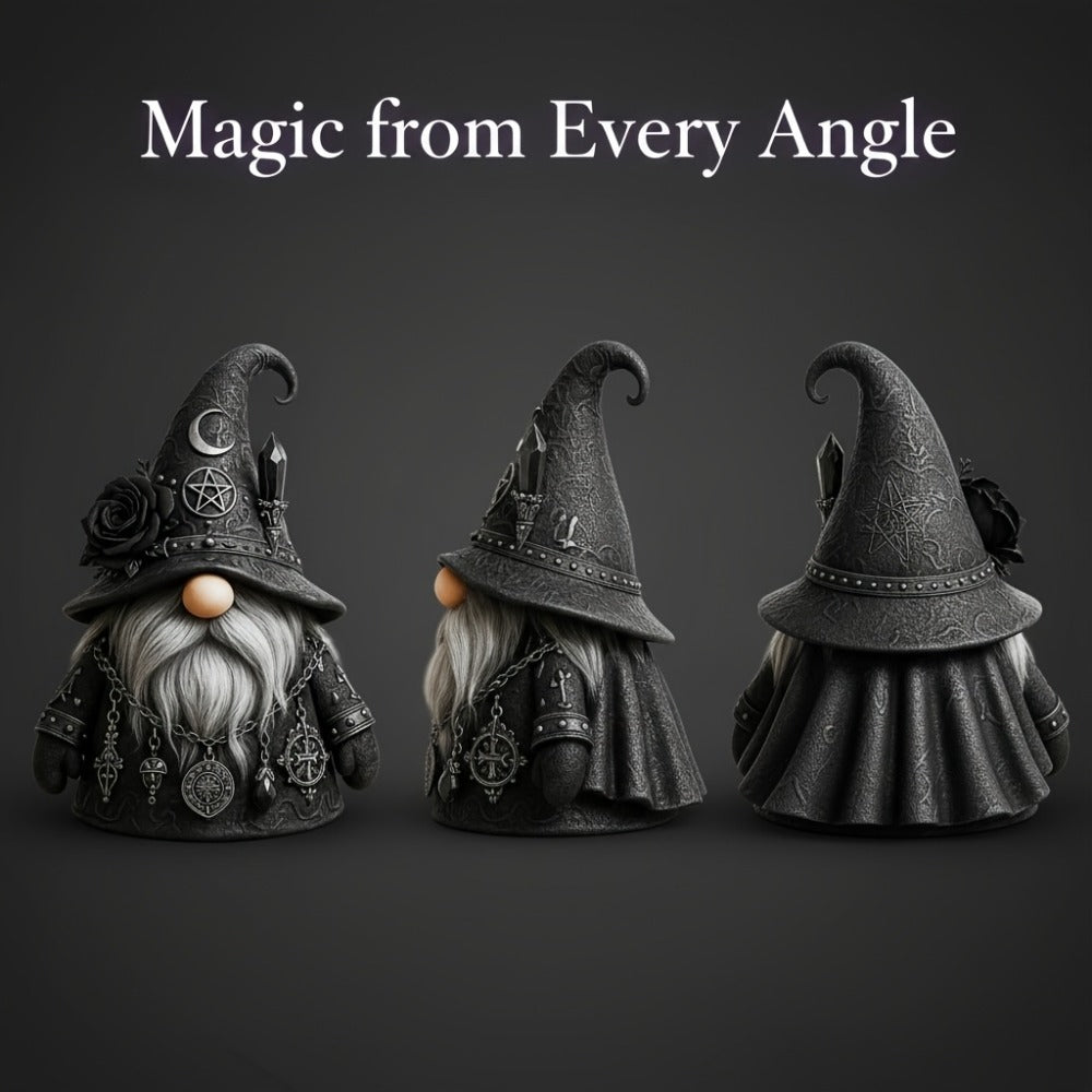 Gothic Gnome Figurine in Resin with Crescent-Marked Hat, Rose and Pentagram Details and 15 x 10cm Size