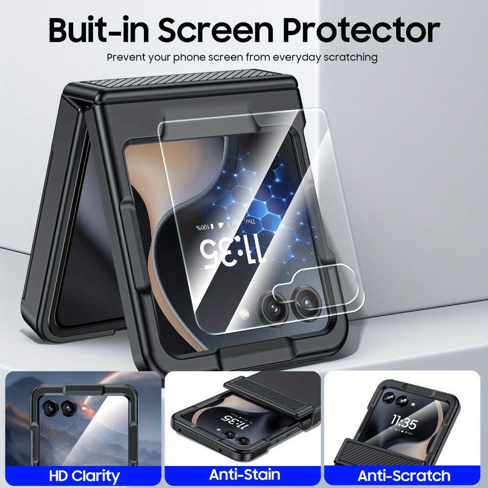 Phone Case Hinge Protector with Built-In Screen Cover, Card Clip and Lanyard for Motorola Razr 2024 and 2025