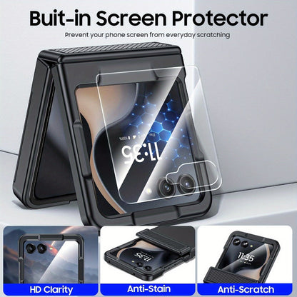 Phone Case Hinge Protector with Built-In Screen Cover, Card Clip and Lanyard for Motorola Razr 2024 and 2025