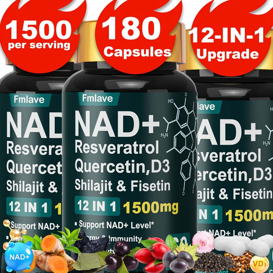NAD+ Supplement Capsules 1500mg 12-in-1 with Nicotinamide Riboside & Quercetin — Plant-Based Anti-Aging Cellular Energy Focus & Immune Support for Women and Men | 60 Capsules