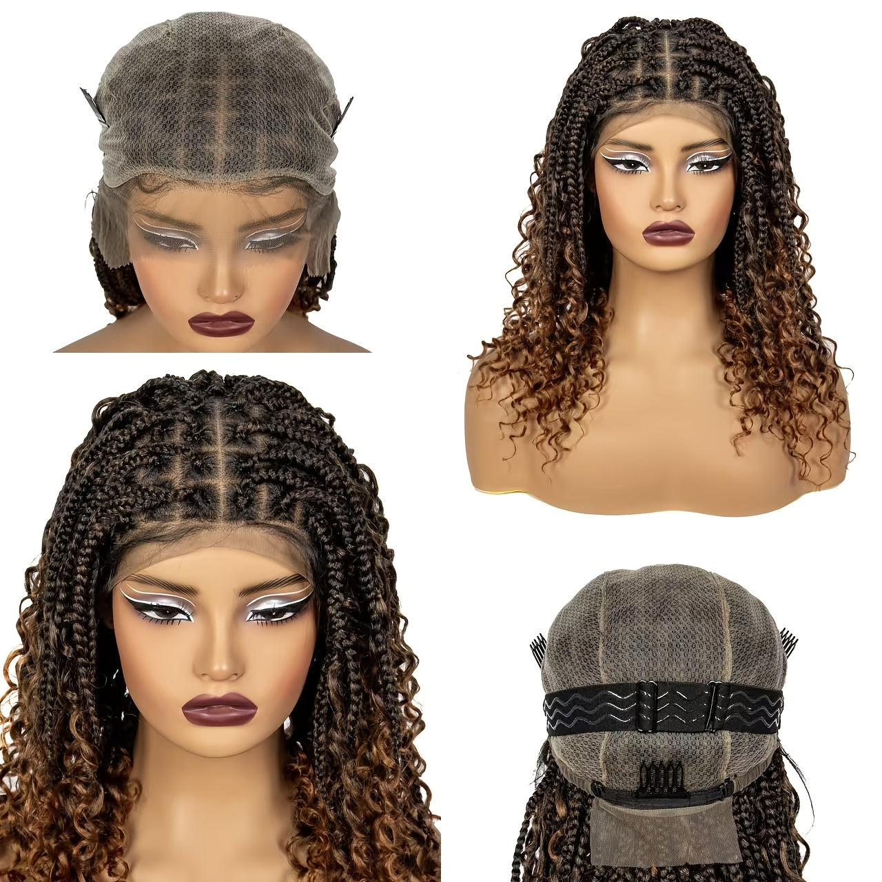 Sixteen-Inch Braided Wig with Full Lace Cap, Curly Ends and Four Black or Multicolor Checkout Options