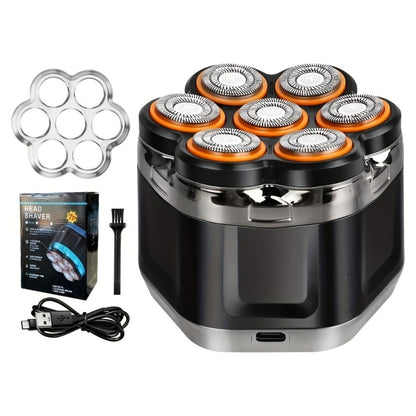 Black 7-Head Rotary Electric Head Shaver with Magnetic Blade Assembly, Digital Display and USB-C Cable