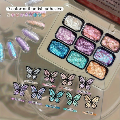 Shimmer Nail Art Gel Nine-Color Grid Palette with Metallic Neutral or Milky Way Color Selection