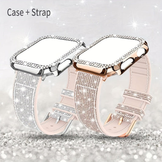 Apple Watch Band with Case Crystal Rhinestone Bling, Chameleon Color-Shift Strap + Shockproof Hard PC Cover, Compatible with Apple Watch Series 1-9 SE Ultra 38mm to 49mm S10 – Rose Gold Black Silver Women
