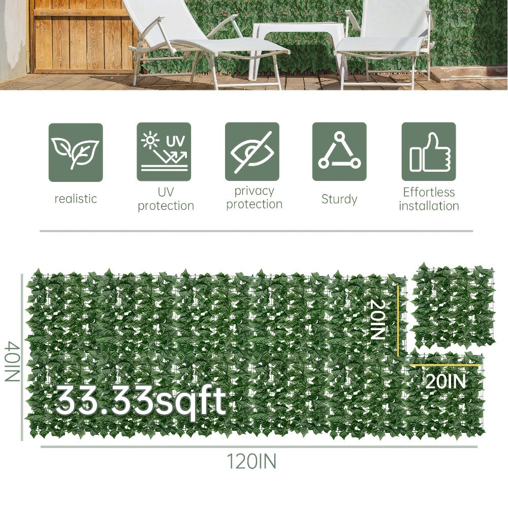 Artificial Ivy Privacy Fence Screen in 13 Size Options with Cuttable Green Leaf Panels for Patio or Balcony