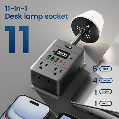 Power Strip 9-in-1 Desktop Station with LED Lamp, Digital Clock, 4 AC Outlets, 3 USB-A and 2 USB-C Ports