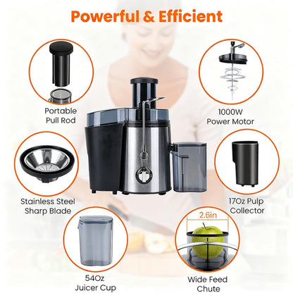 Black-and-Silver Centrifugal Juicer with Side Pulp Container, Juice Cup, 34cm Width and 33cm Height