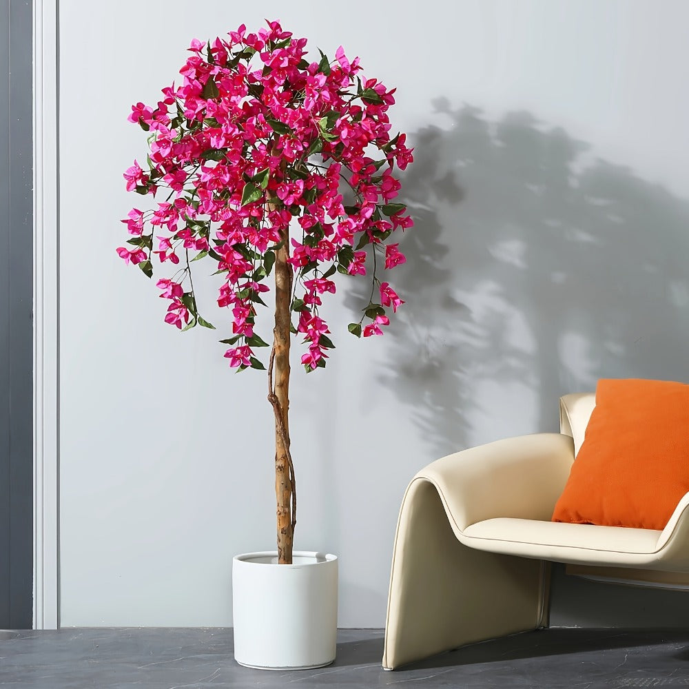 Faux Potted Bougainvillea Tree 5ft Artificial Indoor Plant with Pink Flowers Wood Trunk for Living Room Office Entryway Home Decor Housewarming Gift
