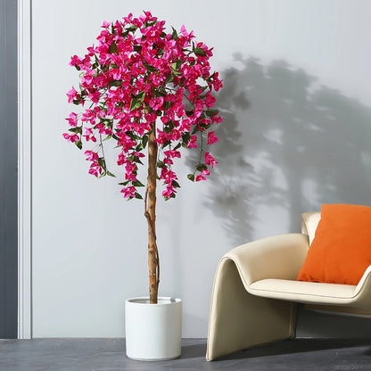 Faux Potted Bougainvillea Tree 5ft Artificial Indoor Plant with Pink Flowers Wood Trunk for Living Room Office Entryway Home Decor Housewarming Gift