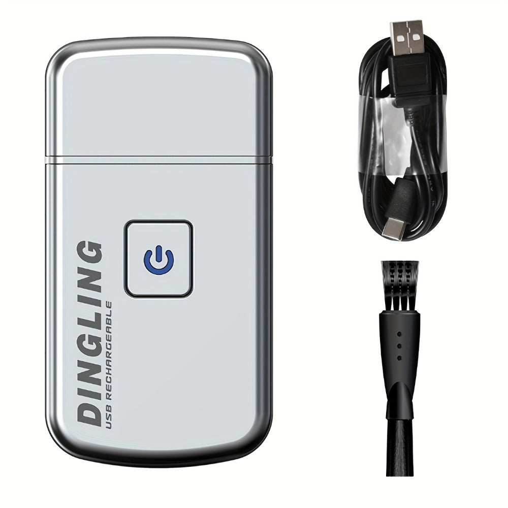 Silver Card-Style Foil Electric Shaver with USB Charging Cable, Cleaning Brush and 3.6-Inch Length