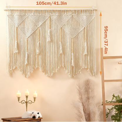 Large Bohemian Macrame-Style Wall Hanging in Four Exact Woven Patterns with Long Fringe Details