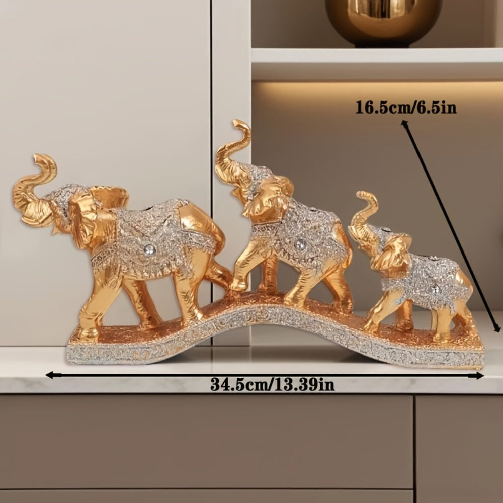 Golden Elephant Family Figurine Set with Three Resin-Look Sculptures on a 14-Inch Display Base