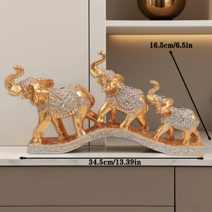 Golden Elephant Family Figurine Set with Three Resin-Look Sculptures on a 14-Inch Display Base