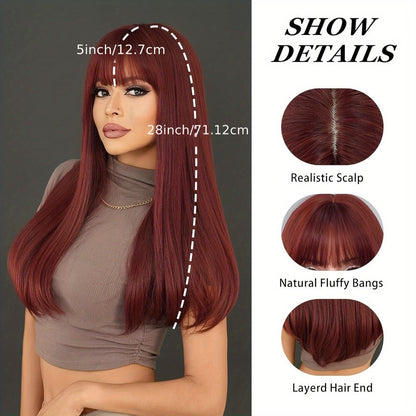 Long Straight Wig with Bangs Burgundy Wine Red 28 Inch Synthetic Heat Resistant Lightweight for Women Daily Wear Holiday Party Cosplay Halloween Natural Look Fashion
