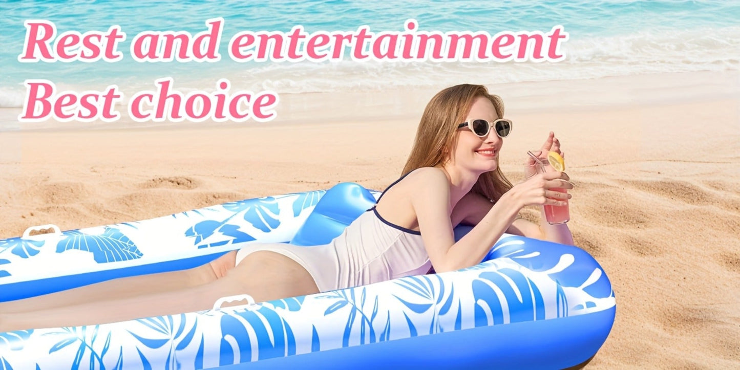Blue-and-White Inflatable Pool Mattress with Removable Headrest, Cup Holder and 83.5 x 52.4-Inch Base