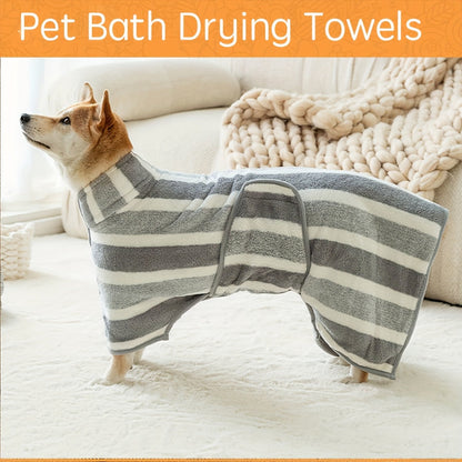 Gray Striped Microfiber Pet Bath Wrap with Adjustable Closure in Small, Medium and Large Sizes