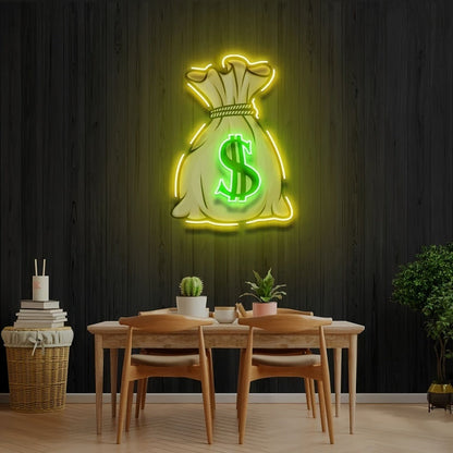 Money Bag LED Neon Sign with 40 x 30 cm Panel, USB Power and Yellow, Green and White Outline