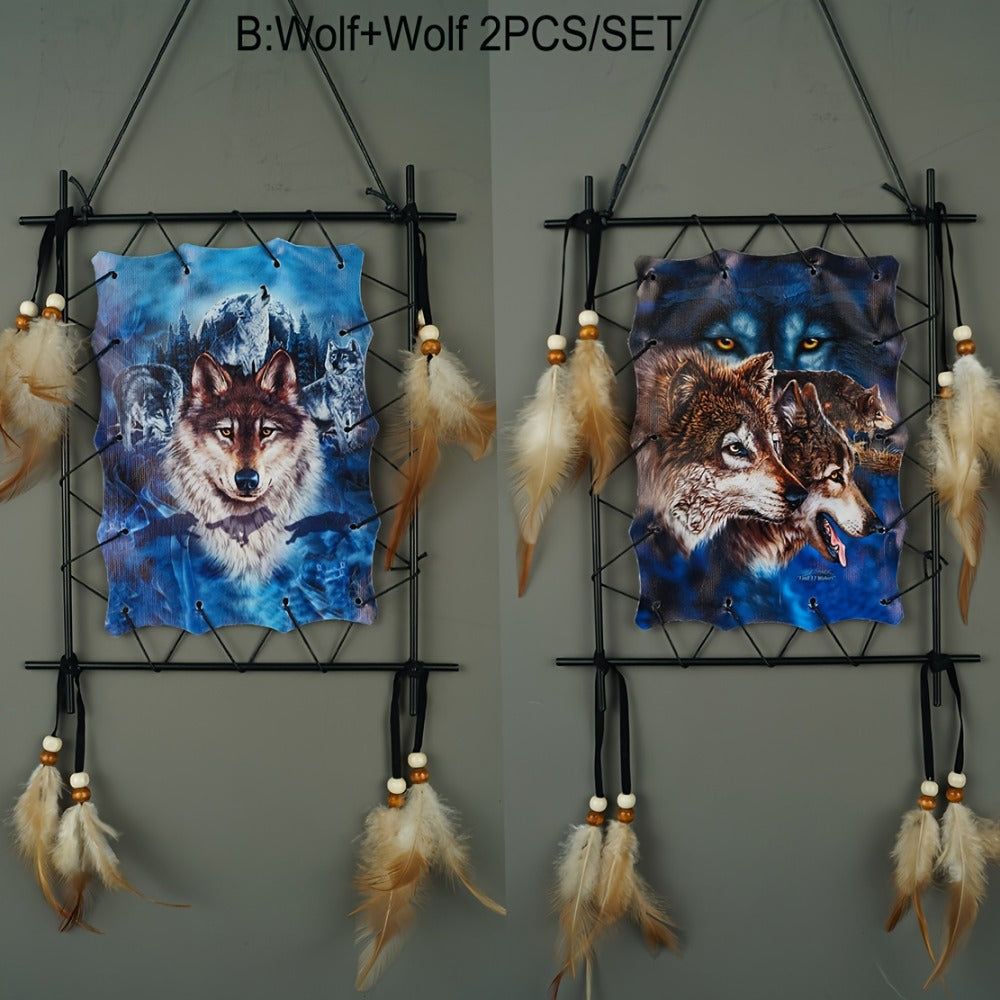 Two-Piece Animal Canvas Wall Hanging Set with Beads, Feathers and Three Wolf-Eagle Designs